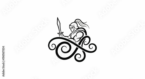 Warrior figure with sword and swirling ornate patterns