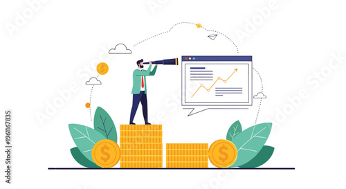Analytical businessman standing on stacks of gold coins while looking through a telescope at a market growth chart.