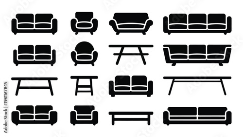 Collection of black furniture silhouettes including sofas armchairs and coffee tables on white background