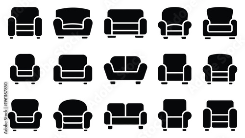 Collection of black silhouette icons featuring various armchairs and sofas in different styles and orientations on a white background for design and decoration purposes