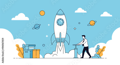 Enthusiastic businessman in a suit pumping a giant space rocket for launch among colorful planets and bright stars.