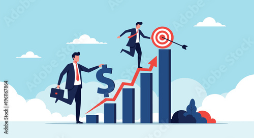 Ambitious businessman in a formal suit climbing a blue bar graph with a large dollar sign to reach a bullseye target.