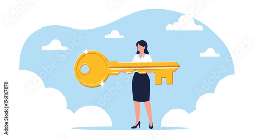 Confident business woman in a formal suit holding a giant golden key symbol representing opportunity and success.