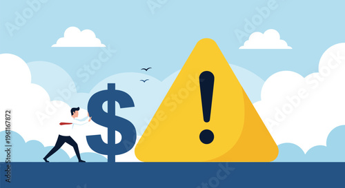 Stressed businessman in a formal suit pushing a large dollar sign away from a giant yellow warning exclamation sign.