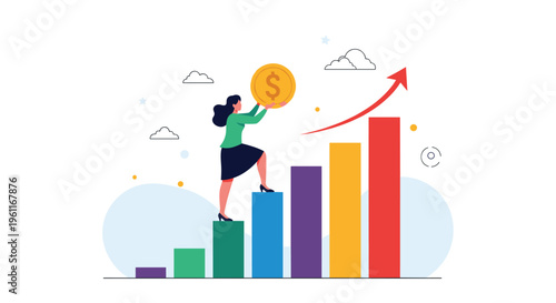 Successful business woman in a professional outfit climbing a colorful bar graph while holding a large golden coin.