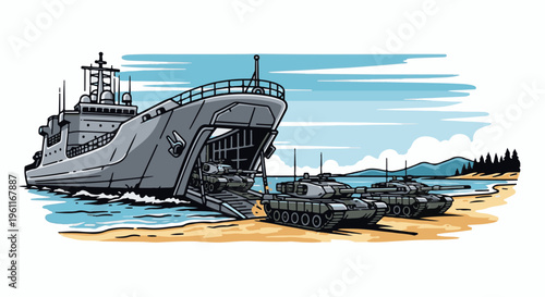 Warship disembarks tanks onto a beach with a forested shoreline