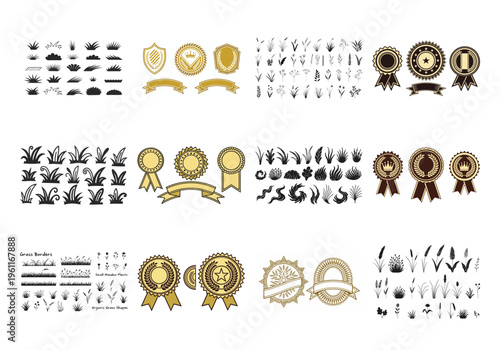 Collection of gold and black badges and botanical ribbons rosettes medals