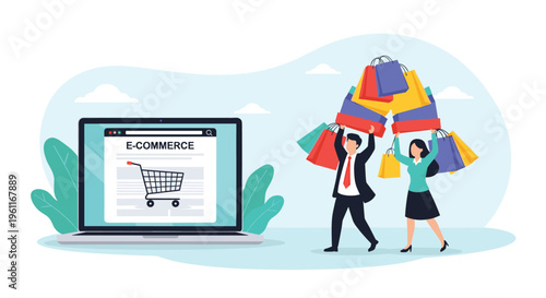 Energetic business couple carrying many colorful shopping bags next to a laptop displaying an ecommerce website interface.