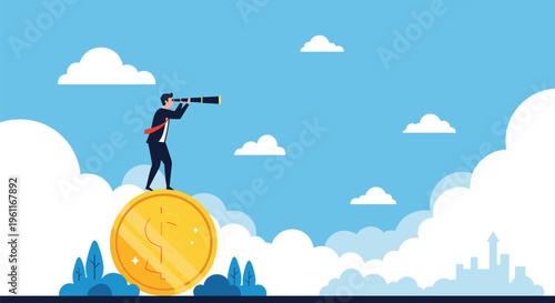 Visionary businessman standing on a giant gold coin and looking through a telescope at the distant city horizon.
