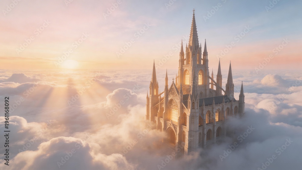 Naklejka premium Majestic stone castle rises above a sea of clouds at sunrise, creating a dreamy fantasy landscape with towers