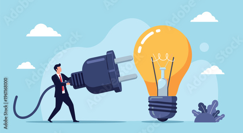 Professional man in a suit connecting a massive electric plug into a giant yellow light bulb to ignite a creative business idea.