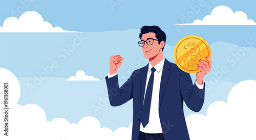 Successful businessman holding a large golden bitcoin coin while celebrating financial gain and cryptocurrency investment prosperity.