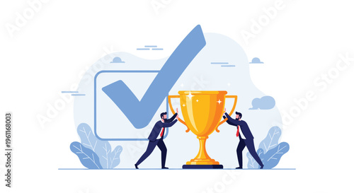 Two cooperative businessmen in suits pushing a giant golden trophy forward in front of a large blue checkmark symbol.