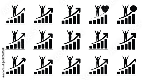 Fotografie Set of financial success silhouettes with rising graphs and joyful figures in bl