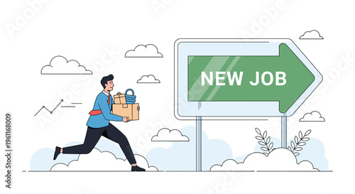 Enthusiastic businessman carrying his belongings in a cardboard box runs toward a green arrow sign indicating his new job opportunity.