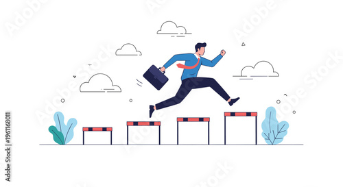 Ambitious businessman in a suit jumps over hurdle obstacles while carrying a briefcase to reach professional career goals and success.