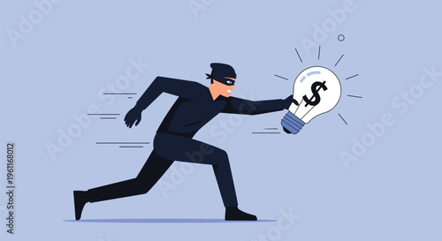 Masked thief running fast while stealing a bright light bulb with a dollar sign representing the theft of valuable intellectual property.