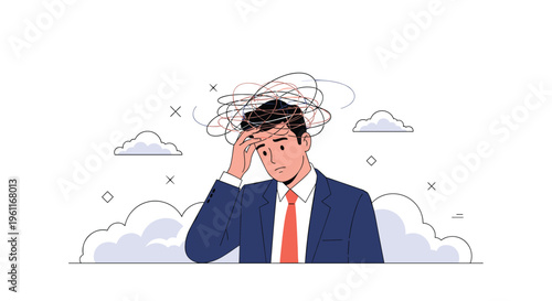 Overwhelmed corporate businessman experiencing stress and anxiety with confused thoughts represented by scribbled lines over his head.