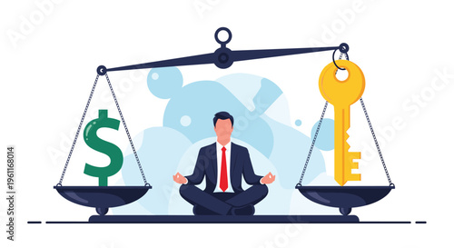 Balanced businessman meditating in a lotus pose on a scale between a green dollar sign and a golden key for success and wealth.