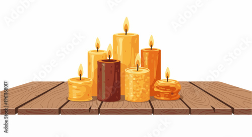 Warm, flickering candles in various sizes and colors illuminate a rustic wooden surface