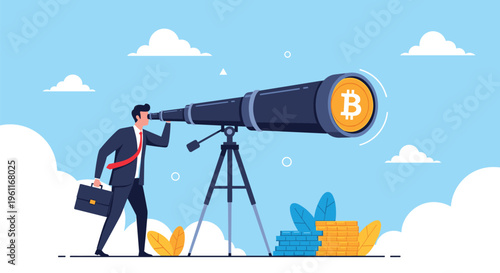 Forward-thinking businessman observing a distant golden bitcoin coin through a massive telescope for future financial investment trends.
