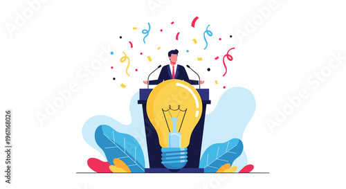 Confident businessman giving a speech at a podium behind a massive glowing light bulb symbolizing a great innovative idea presentation.