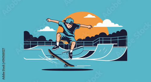 Young boy performs aerial trick on skateboard at sunset skatepark