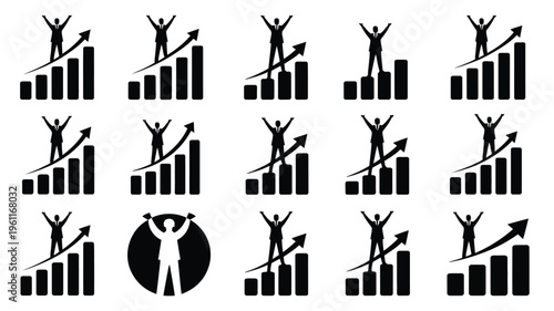 Set of 12 financial success silhouettes with graphs and rising arrows celebrating business growth and achievement