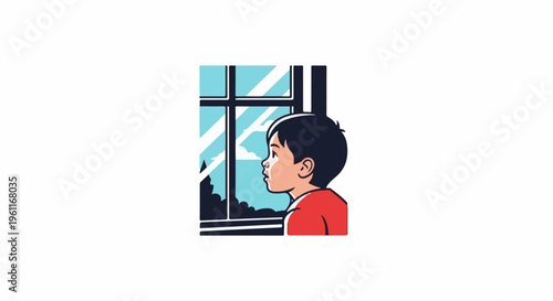 Young boy in red shirt gazes out window at cityscape and cloudy sky