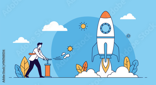Determined businessman using a manual air pump to launch a space rocket representing the initial push for a business startup project.