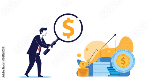 Professional businessman using a large magnifying glass to inspect a golden dollar sign near stacks of coins and a growth chart.