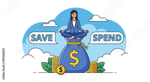 Focused businesswoman meditating on a large money bag between options to save or spend for financial stability and balance.