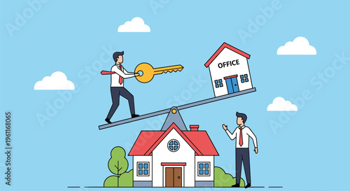 Two professional men using a golden key to balance a residential house and an office building on a seesaw for work-life harmony.