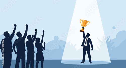 Victorious businessman silhouette holding a golden trophy high in a bright spotlight while a crowd cheers for his achievement.