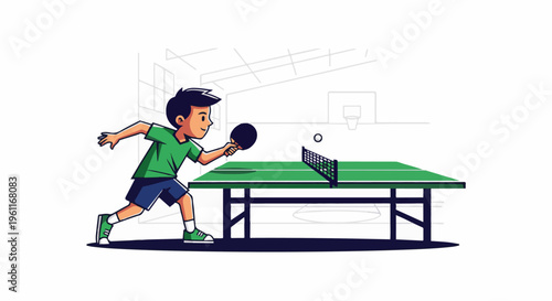 Young boy plays table tennis in an indoor court