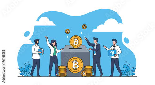 Group of professional people putting golden bitcoin coins into a large donation box for crypto charity or digital savings.