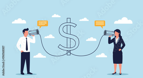 Professional man and woman communicating through tin can phones connected through a large dollar sign for financial dialogue.