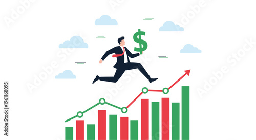 Confident businessman jumping through the air while holding a green dollar sign over a rising colorful bar graph and arrow.