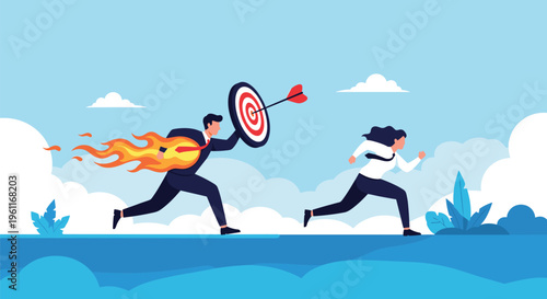 Fast businessman with a fiery trail running while carrying a target bullseye behind a businesswoman in a competitive career race.