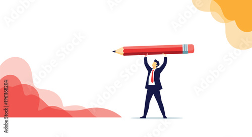 Confident male professional in a business suit lifts a giant red pencil over his head in a display of great strength.