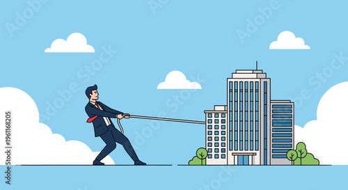 Strong businessman in a suit using a rope to pull a large office building towards him representing business acquisition or control.