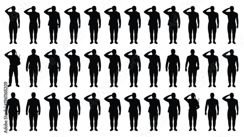 Large bundle of army man silhouettes in various poses on white background for graphic design
