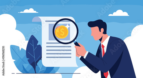 Careful businessman using a large magnifying glass to inspect a financial document featuring a golden dollar coin for auditing.