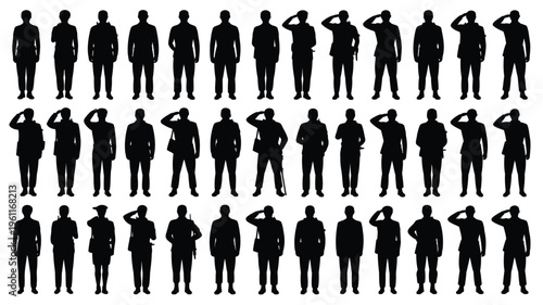 Large bundle of diverse army man silhouettes in various poses on white background for design use