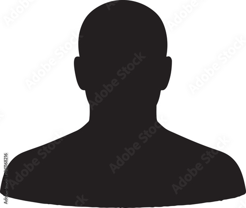 Minimalist male profile silhouette, black human avatar icon on white background, simple person head and shoulders vector illustration for user interface