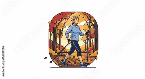Woman Nordic walking through a vibrant autumn forest scene
