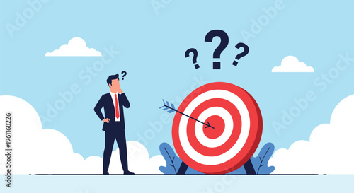 Confused businessman in a formal suit looks at a red and white target after his arrow failed to hit the center.