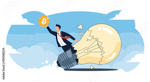 Ambitious businessman rides a giant broken light bulb through the clouds while holding up a gold Bitcoin currency coin.