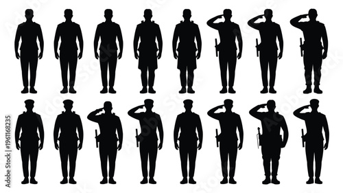 Large bundle of army man silhouettes in various poses on white background for graphic design