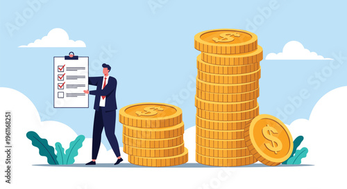 Businessman holds a checklist next to several large stacks of golden dollar coins to track financial wealth and goals.